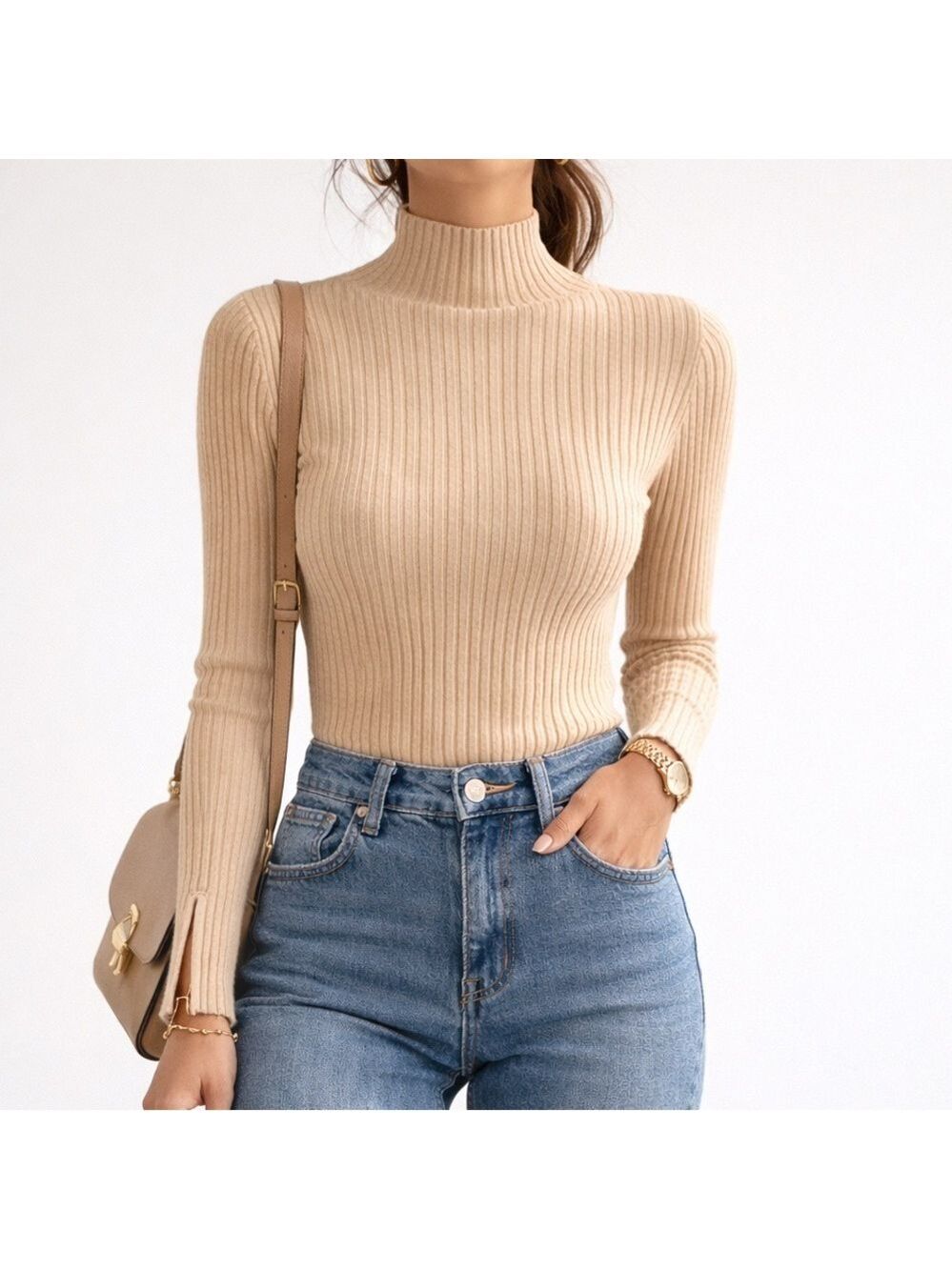 90s Tan Silk Blend Ribbed Mock Sweater Rhinestone zipper Women’s M Y2K Old Money